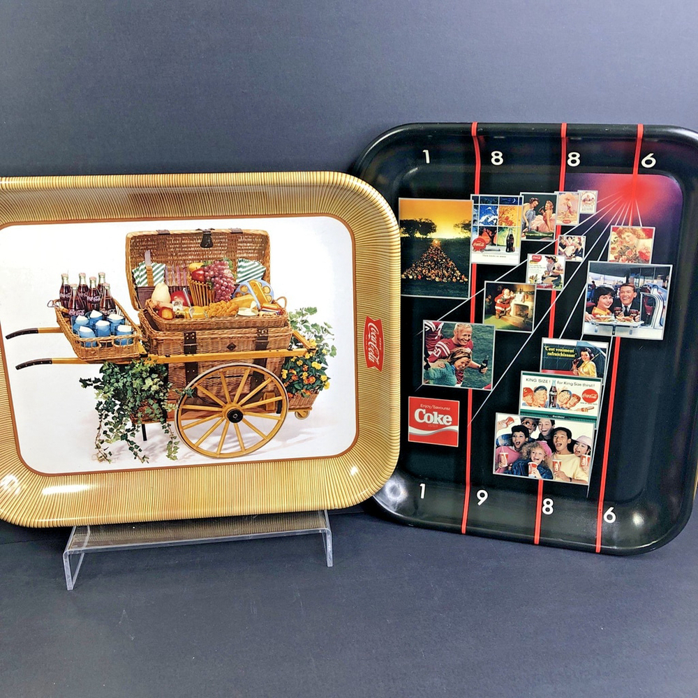 Vintage Coca Cola Trays Lot Of 2 Metal 1958 / 1986 Collectable Display USA